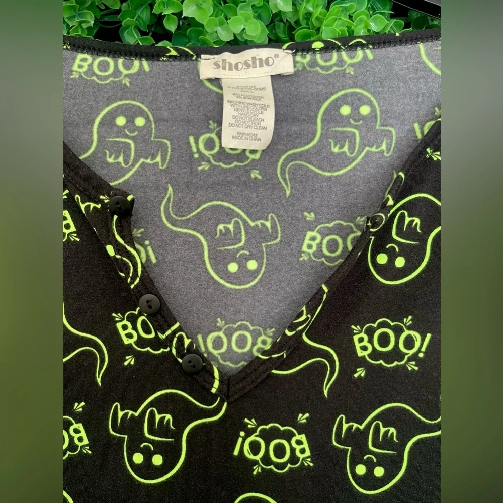 Shosho Romper Women's Large Pajamas Black Green Ghost Boo Halloween